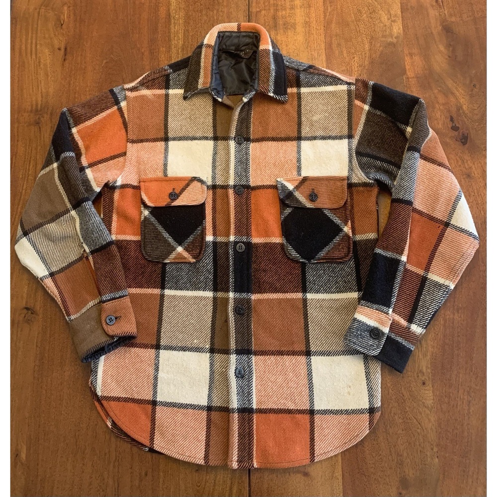 Vintage Penneys TownCraft Button Up Flannel Jacket Mens S Brown Plaid CPO 60s 70 - Picture 2 of 16